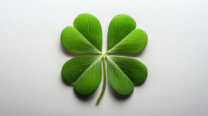 Poster - A single four-leaf clover is centered on a light gray textured background, its four smooth, green leaves radiating symmetrically from a central point