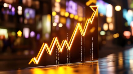 Poster - Glowing, upward-trending line graph against a blurred, out-of-focus urban background with warm, bokeh lights