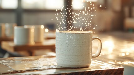 Poster - An artistic close-up shot of a ceramic mug as liquid splashes around it, capturing the vibrant motion and energy of a refreshing drink being enjoyed.