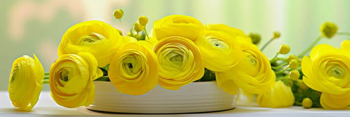 Aufkleber - Bright yellow ranunculus flowers in a white bowl on a sunny table