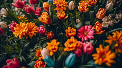 Poster - Vibrant flower garden showcasing a mix of tulips and daisies in full bloom during springtime