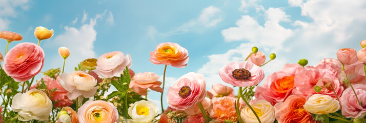 Poster - Colorful ranunculus flowers bloom under a blue sky during a sunny spring day