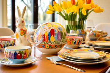Poster - Colorful spring table setting with decorative dishes and flowers for a festive gathering