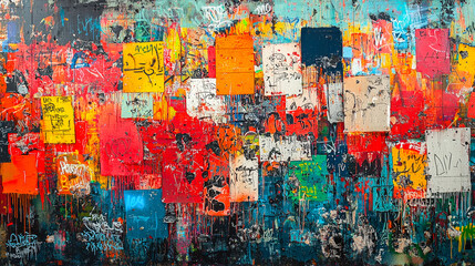 Poster - An eye-catching urban mural displays a collage of painted squares and graffiti, showcasing bright colors and artistic expression in the city