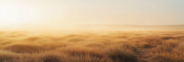Poster - Lavender fields glowing softly at sunrise with mist covering the ground in pastel tones and warm golden light