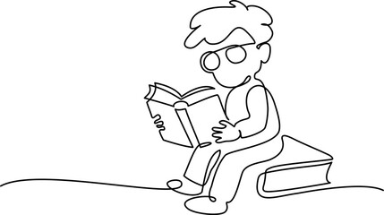 Wall Mural - small boy pupil reading book sitting on big book. continuous one line drawing.