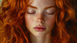 © Fleuronica - A serene young woman with vibrant red curls and freckles poses with her eyes closed, embracing tranquility