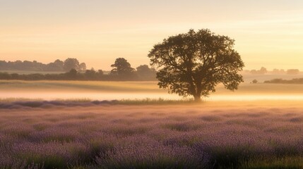 Aufkleber - Serene lavender field bathed in soft golden light at sunrise with gentle mist over muted pastel tones