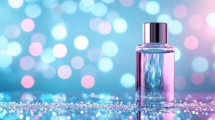 Poster - This captivating image showcases a stylish pink bottle with a mesmerizing glimmering background, evoking feelings of warmth, charm, and elegance perfect for any collection.