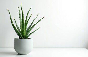 Poster - Aloe vera succulent plant in pot on table. Front view. Empty place for text, mockup. Beautiful colours, decor arrangement. Houseplant in interior. Fresh green plant, light background. Natural floral