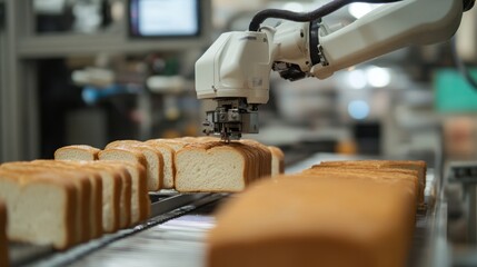 Poster - A robotic arm efficiently picks and positions slices of bread on a production line in a food processing facility.