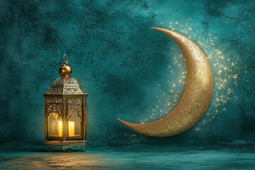 Wall Mural - Elegant Crescent Moon and Lantern Against a Vibrant Teal Background