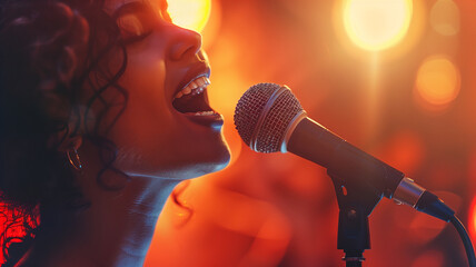 Poster - This person joyfully performs on stage, captivated by the karaoke atmosphere and colorful lights.
