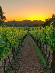 Aufkleber - Vineyard rows stretch towards sunset in a picturesque landscape of lush green vines and warm orange skies
