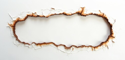 Poster - Burnt hole in white paper background creating frame. Brown scorched edges, detailed paper texture, blank abstract design. Concept of damage, space, advertisement. Burnt cardboard. Macro horizontal