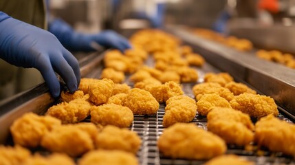 Poster - Workers in a food processing facility sort and package fried items along a conveyor belt. The automated line ensures efficiency and maintains high standards of quality during production.