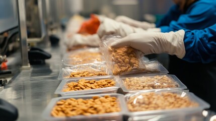 Aufkleber - Workers in a modern food production facility are packing snack products into clear bags while using advanced ai technology. The environment is clean and organized, promoting efficient workflow.
