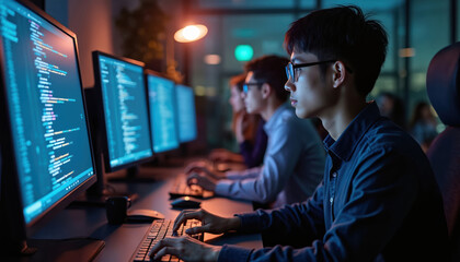 Aufkleber - System engineers team develops html code and cloud computing in IT development agency. Asian software developer types on keyboard to create AI script. Engineers working at night in blue cyberspace.