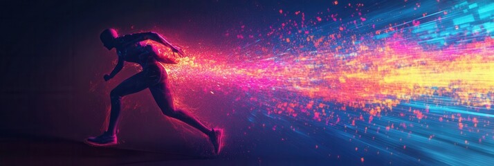 Poster - Explosive neon color splashes surround a silhouette running in a high-energy cyberpunk atmosphere at night