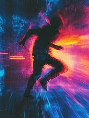 Aufkleber - Dynamic silhouette in explosive neon colors with motion blur showcasing a cyberpunk aesthetic