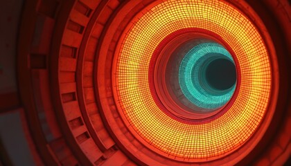 Leinwandbilder - Abstract eye-like structure featuring concentric circles of red, orange, cyan with grid pattern. Dome structure curved lines, geometric shapes, modern design, architectural, futuristic look. Tunnel