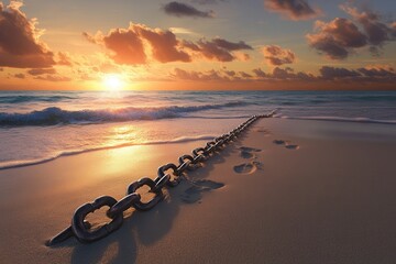 Poster - Symbolic representation of broken chains in sand against sunset sky, reflecting freedom and the journey ahead along the shoreline