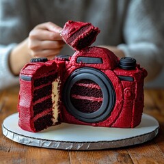 Aufkleber - A red velvet cake in the shape of a reflex camera, with one slice pulled out and held up to reveal its inner texture. A man holds a slice.