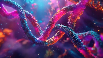 Poster - Stylized depiction of a DNA double helix with vibrant, glowing colors against a complex, abstract background. Ideal for science, genetics, medical, or biotech-related visuals.