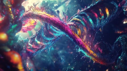 Poster - Stylized depiction of a DNA double helix with vibrant, glowing colors against a complex, abstract background. Ideal for science, genetics, medical, or biotech-related visuals.