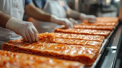 Poster - In a busy food production facility, workers assemble layers of lasagna with precision. The vibrant red sauce covers sheets of pasta, showcasing a systematic approach to meal preparation.