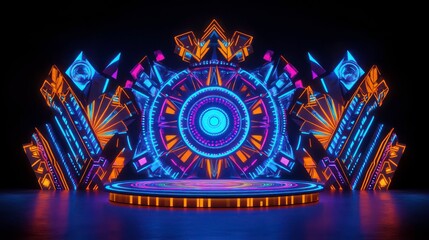 Poster - Strobe stage with vibrant neon lights, featuring a circular platform and geometric designs. Perfect for music, events, and futuristic design concepts.