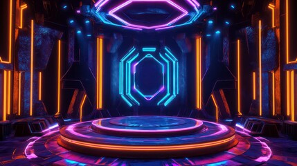 Aufkleber - Strobe stage with vibrant neon lights, featuring a circular platform and geometric designs. Perfect for music, events, and futuristic design concepts.