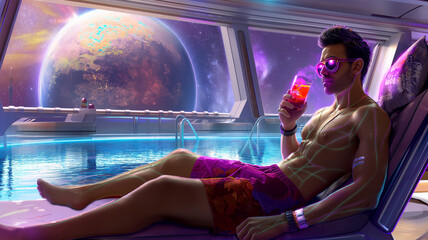Aufkleber - This Passenger relaxes by the pool in a futuristic space hotel, enjoying cosmic views.