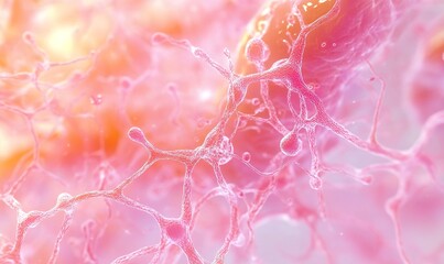 Close-up of a pink and orange mycelium network in the brain, highlighting its intricate patterns and details. 