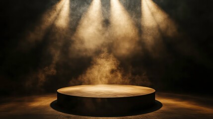 Poster - Empty stage with a round platform illuminated by spotlights in a dark, smoky environment. Perfect for product showcases, presentations, and theatrical visuals.