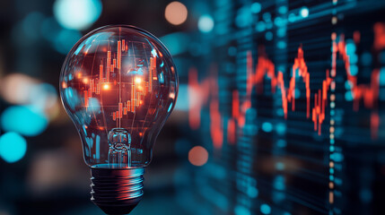 Fototapete - Vector illustration 3D low poly stock market candlestick inside a digital light bulb. Economics or finance Innovation concept. Stock market graph chart and lamp. Technological Vector illustration.