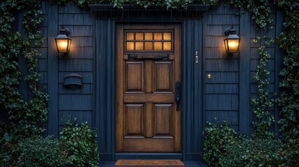 rainy evening at a classic wooden doorway with ivy