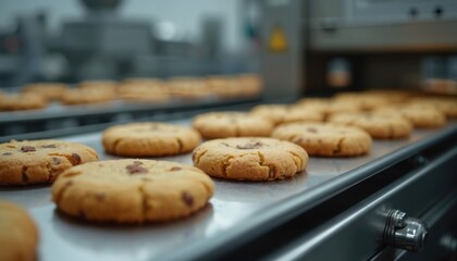 Fototapete - Close-up of freshly baked cookies on conveyor belt in food factory. Industrial machinery equipment placing baked goods into packaging. Automation system in food production. Crisp, tasty baked dessert