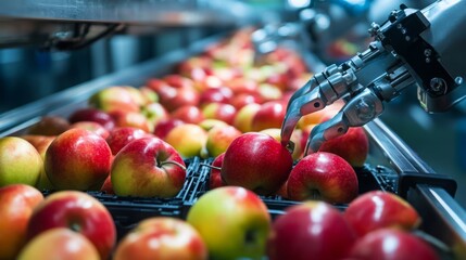 Leinwandbilder - Robotic arms equipped with artificial intelligence sort fresh apples on a production line. The process showcases automation in the food industry, ensuring quality and speed in handling produce.