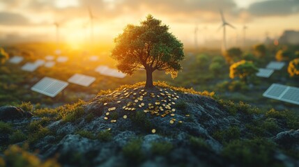 Aufkleber - A solitary tree stands atop a rocky mound surrounded by solar panels and wind turbines, showcasing the blending of nature and renewable energy during sunset.