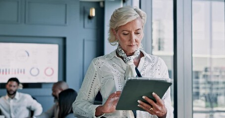 Poster - Business people, meeting and woman in office, tablet and financial consultant with graphs. Mature person, accounting or employee in workplace, tech or charts for profit growth, economy analyst or app