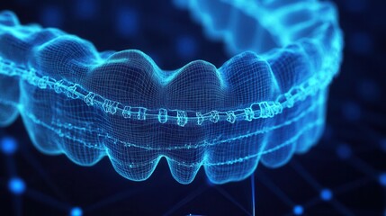 Poster - High-tech 3D wireframe dental arch model with braces in a blue-on-black futuristic design