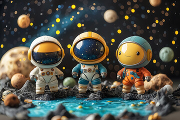 Wall Mural - Three cartoon astronauts explore a craggy planet with a glittering starry sky backdrop.