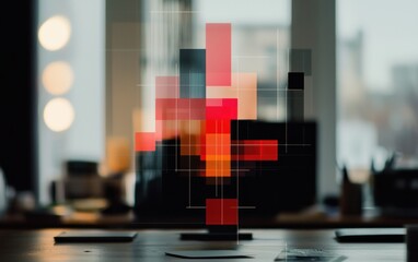 Poster - Abstract Red and Black Geometric Shapes Above Blurred Office Workspace