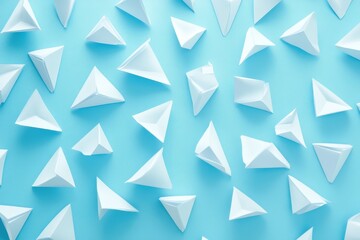 Poster - White triangle shapes moving dynamically across a vibrant blue background in a contemporary design layout, white triangle shapes moving on pattern blue background