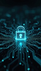 Fototapete - Glowing padlock icon on dark blue futuristic cyber circuit board backdrop. Digital safety, data encryption, connection security concept for tech company promo materials and background.