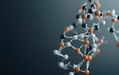 Poster - Abstract Molecular Structure: Orange, White, and Black Spheres Connected by Silver Rods