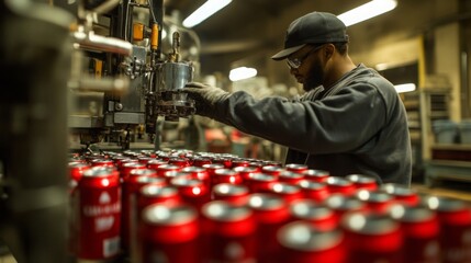 Aufkleber - A worker operates machinery on a food production line, carefully overseeing automated processes. Red cans are organized on the conveyor, showcasing a blend of human skill and technology.