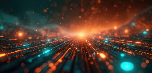 Aufkleber - Abstract tech background shows futuristic digital landscape with network connections, orange, turquoise colors. Data stream concept cybernetic system, machine learning, complex computer algorithms,