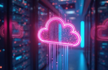 Aufkleber - Neon cloud hovers in server room. Pink cloud computing tech on dark blue background. Futuristic information infrastructure. Online data storage, database. Modern networking system with hardware,